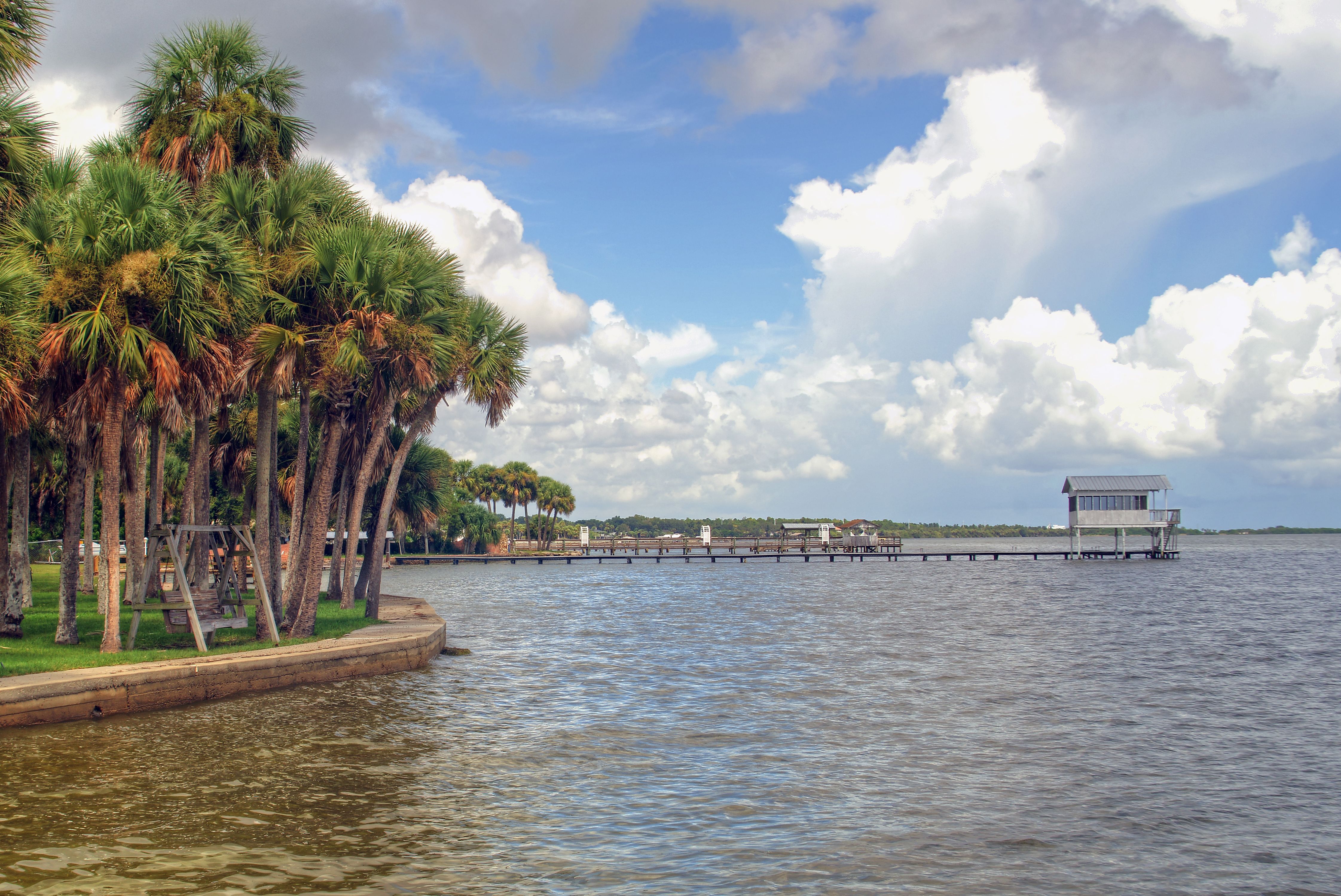 Lake shoreline with palm trees and boathouse in Windermere, Florida